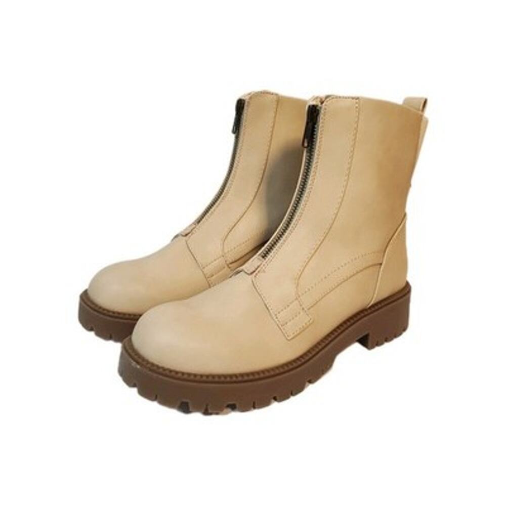 SO Womens SZ 9.5 M Tan Boots Ankle Zip Yuritan Vegan Faux Leather Block Heel